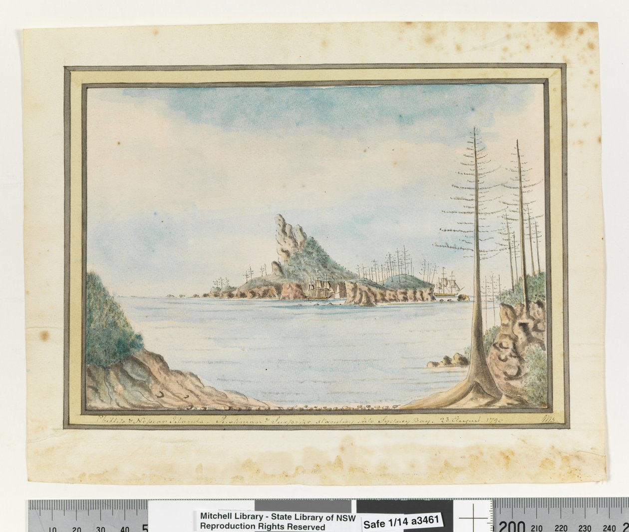 Opp. p. 211. `Filipovy a Nepeské ostrovy. Justinian & Surprise stojí v Sydney Bay. 23. srpna 1790, kolem 1802 (akvarel) od William Bradley