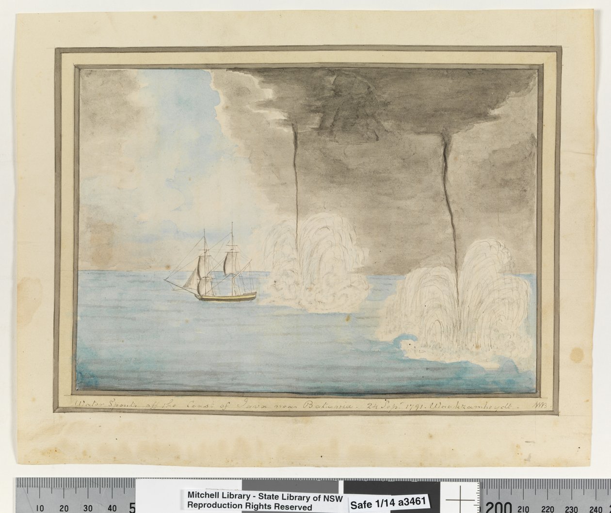 Opp. p. 290. `Voda tryská u pobřeží Jávy poblíž Batavaia. 24. září 1791. Waakzamheydt