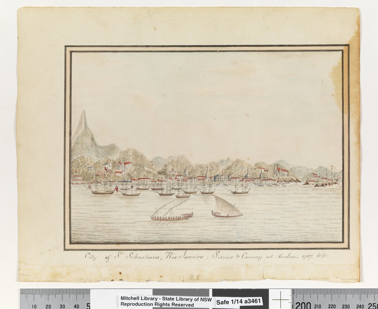 Opp. p. 37. `Město St. Sebastians, Rio Janeiro: Sirius & Convoy at Anchor. 1787