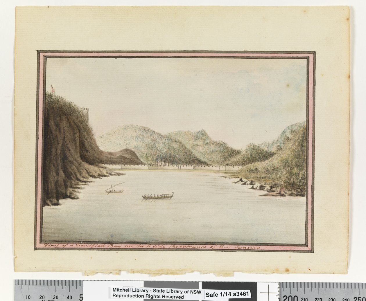 Opp. p. 39. „Pohled na opevněnou zátoku na straně E u vchodu do Rio Janeira“, kolem roku 1802 (akvarel) od William Bradley