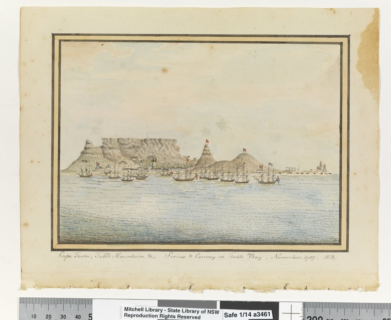 Opp. p. 46. `Kapské Město, Stolová hora atd.; Sirius & Convoy v Table Bay, listopad. 1787