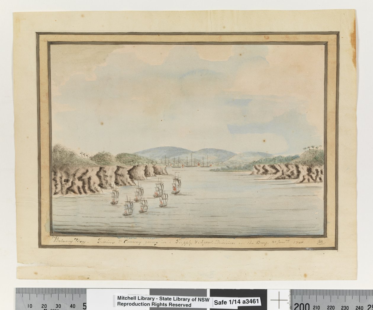 Opp. p. 56. Botanický záliv. Sirius & Convoy vstupují do: Divize zásobování a agentů v zálivu. 21. ledna 1788