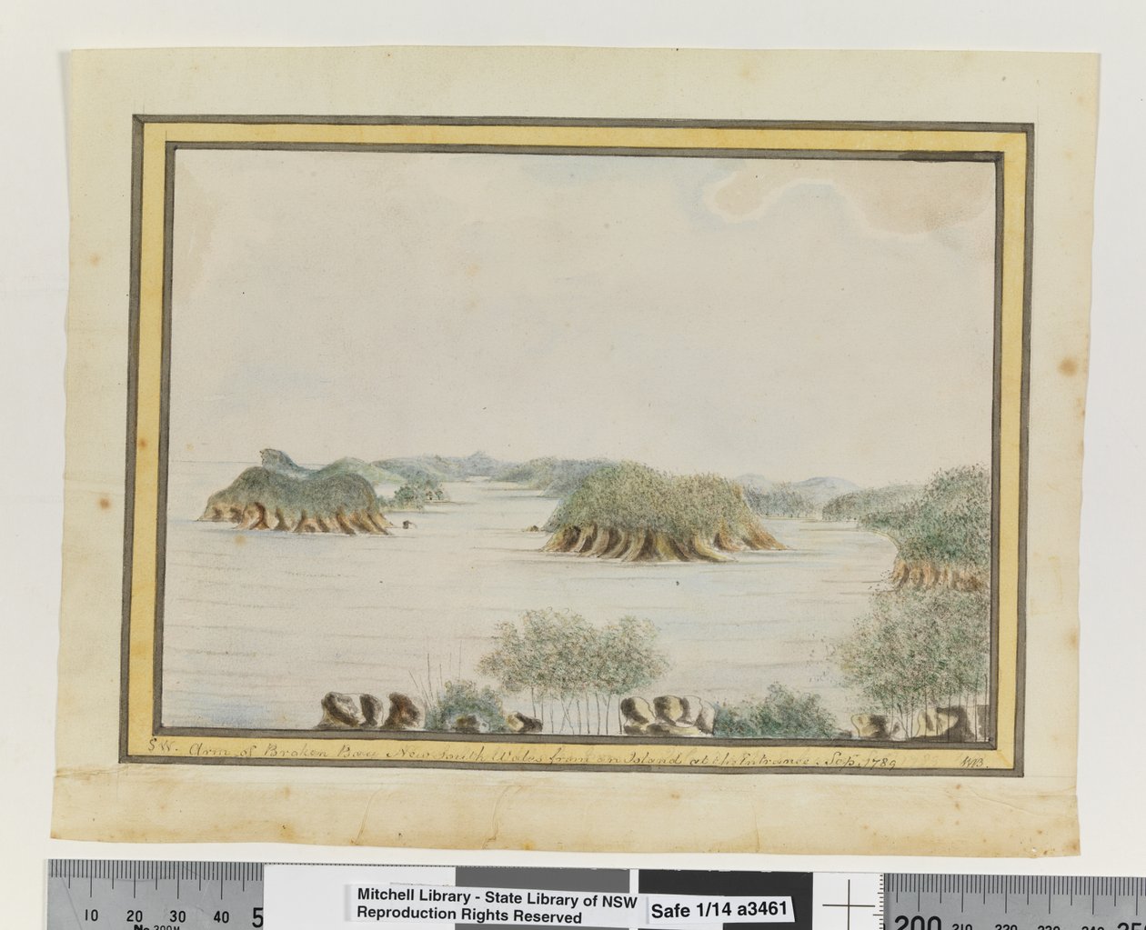 Opp. p. 93. `JZ. Arm of Broken Bay New South Wales z ostrova u vchodu. září 1789
