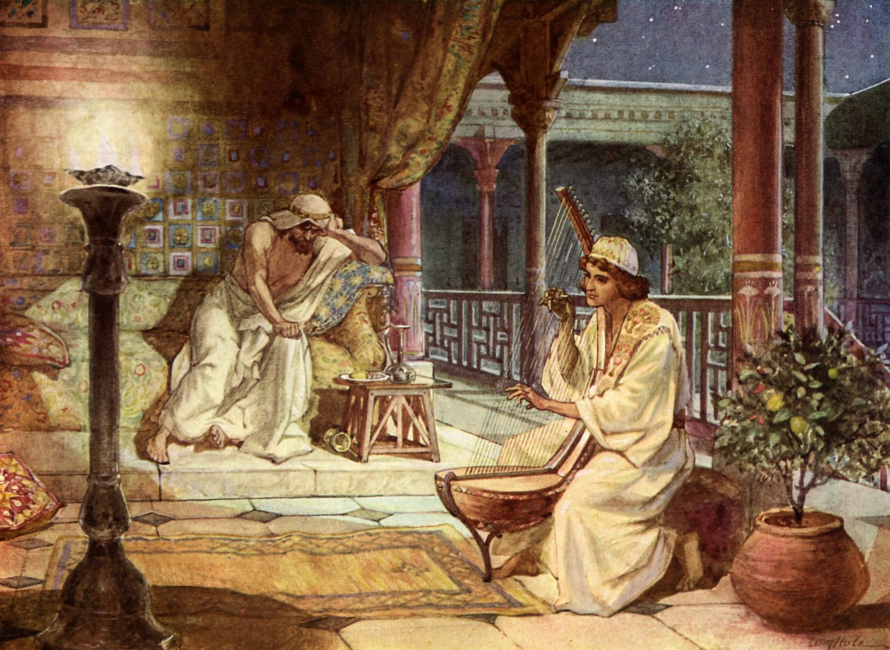 David hraje na harfu pro Saula, - Bible od William Brassey Hole