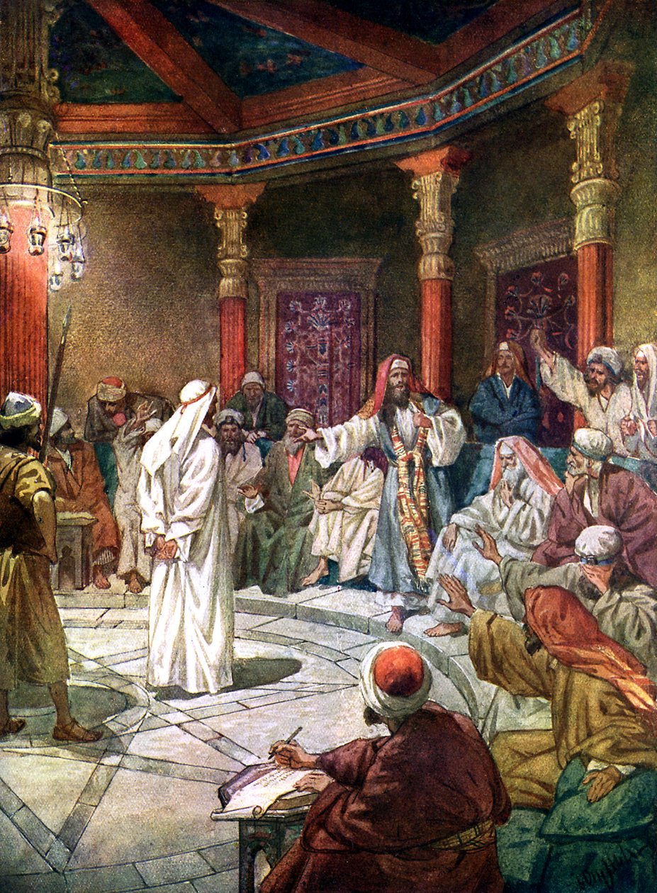 Ježíš je vyslýchán veleknězem Kaifášem – Bible od William Brassey Hole