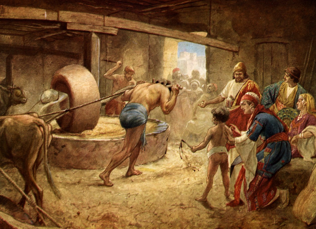 Samson Grinding ve vězení v Gaze - Bible od William Brassey Hole