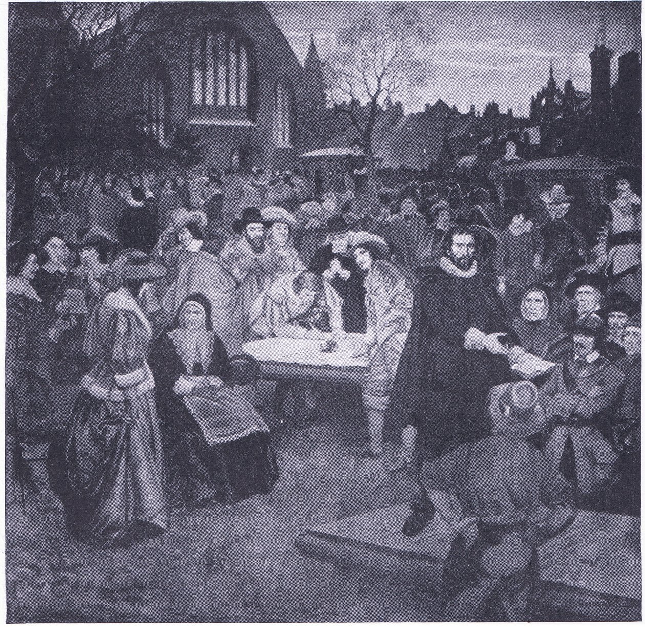 Podpis Národní smlouvy na hřbitově Greyfriars 1638, z knihy Cassells History of the British People vydané společností Waverley Book Company Limited, cca 1940. od William Brassey Hole