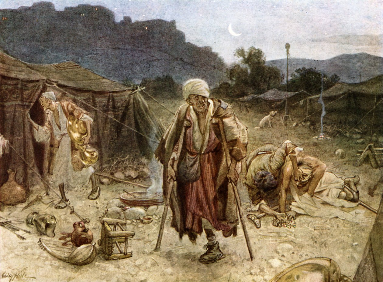 Čtyři malomocní plenící tábor Syřanů. - Bible od William Brassey Hole