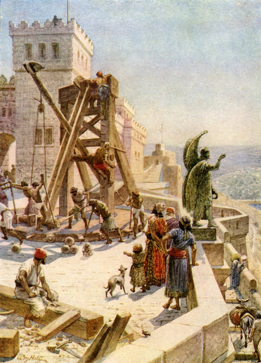 Uzziah vztyčuje válečné motory na zdech - Bible od William Brassey Hole