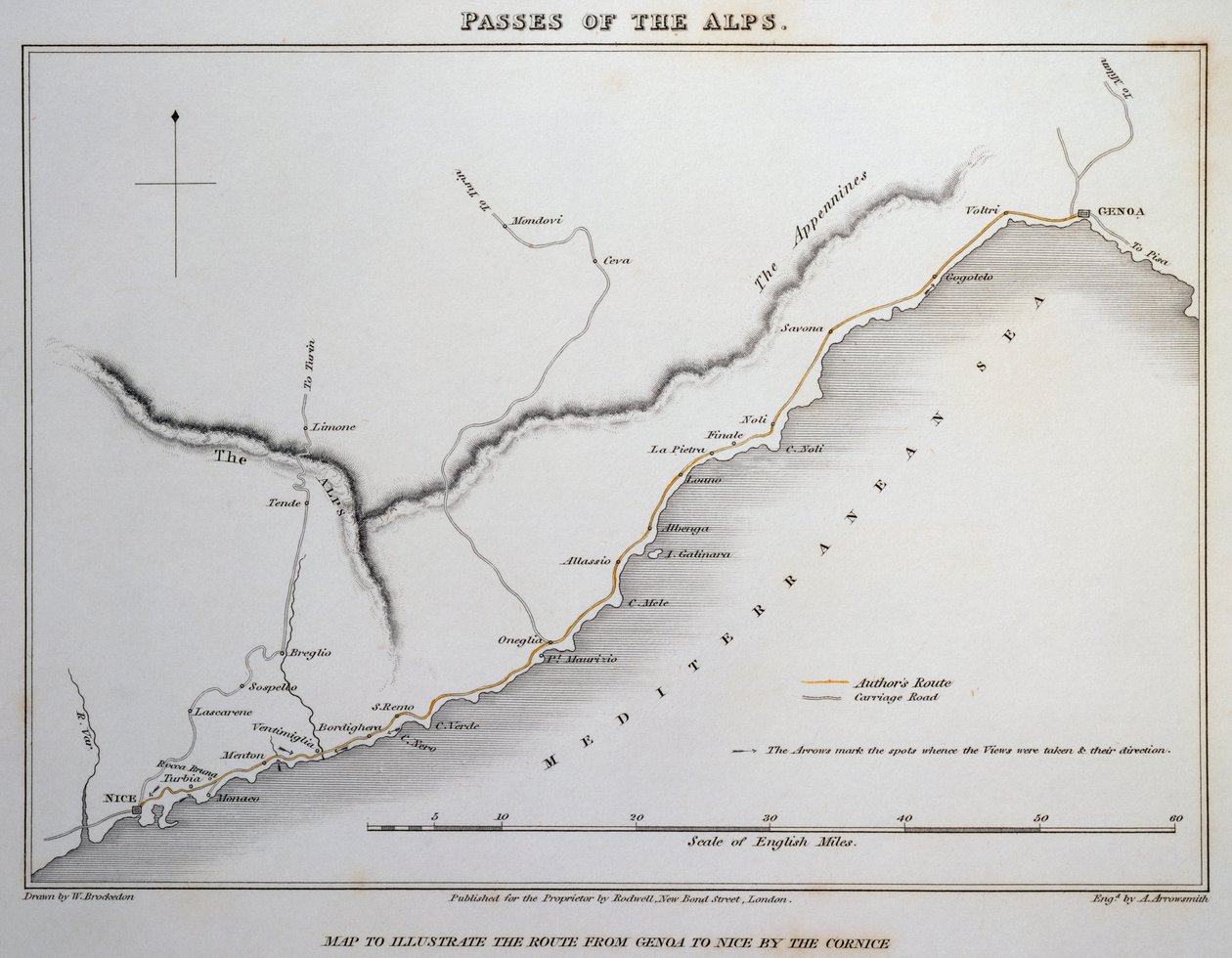 Mapa průsmyků v Přímořských Alpách, pobřežní silnice mezi Janovem a Nice, z Ilustrace průsmyků Alp, kterými Itálie komunikuje s Francií, Švýcarskem a Německem, William Brockedon (1787-1854), rytina na mědi, Londýn od William Brockedon
