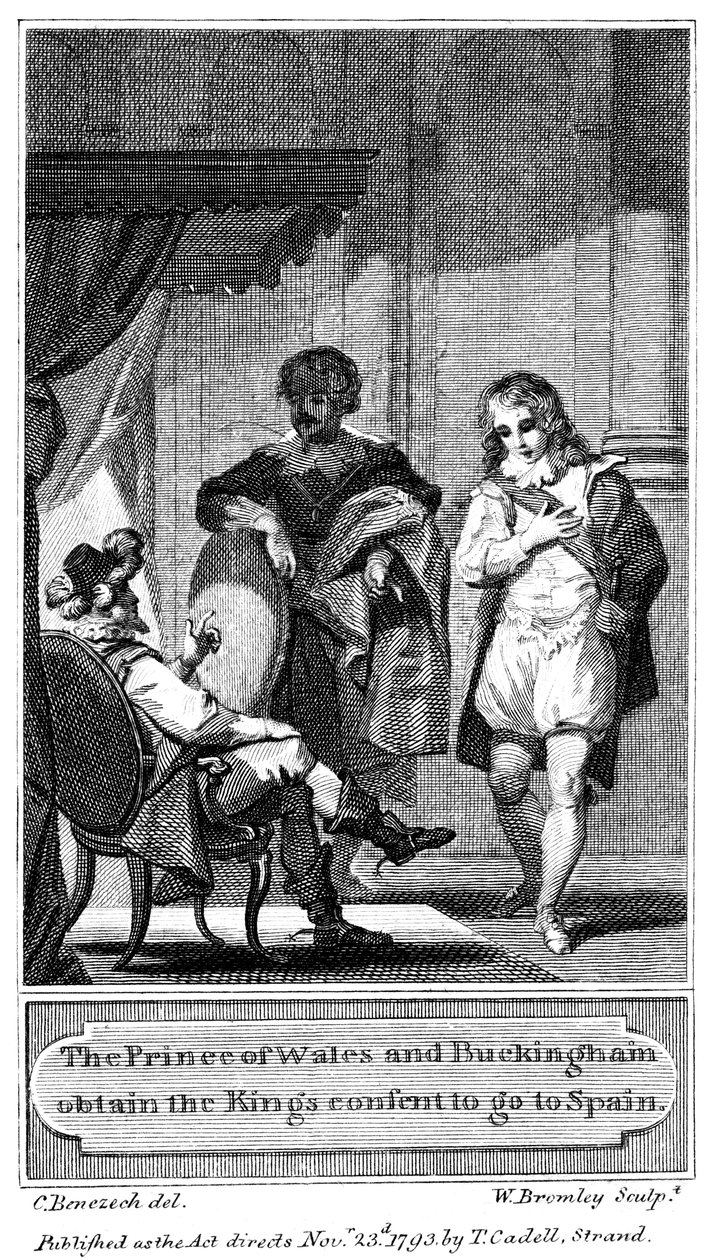 Princ z Walesu a Buckingham získají královský souhlas k odjezdu do Španělska, 1793 od William Bromley