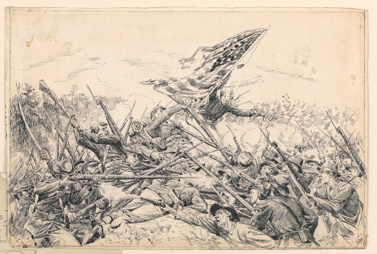 Kresba, Hancockův sbor útočí na díla v "Krvavém úhlu", 1887 od William Brooke Thomas Trego