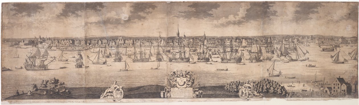 Jižní vyhlídka Ye vzkvétající město New York v provincii New York v Americe, vyryto Johnem Harrisem, 1717-18 od William Burgis