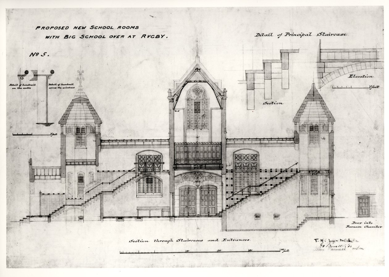 Podrobnosti o vchodech, schodištích, dveřích a zábradlích pece, (New Big School), Rugby School, 1844 (černý inkoust, tužka a wc) od William Butterfield