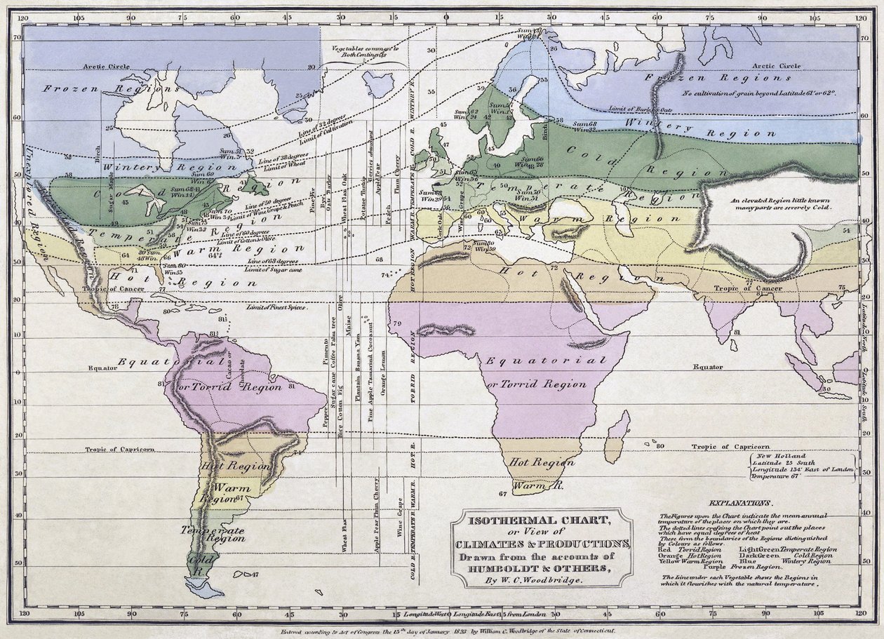 Izotermický diagram, nebo, Pohled na podnebí a produkce, ilustrace z účtů Alexandra von Humboldta, 1823 od William C. Woodbridge