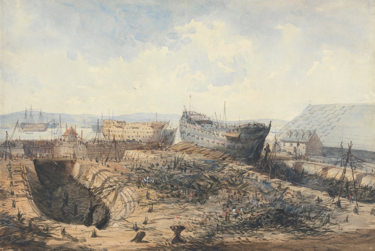Plymouthská loděnice po požáru od William Callow