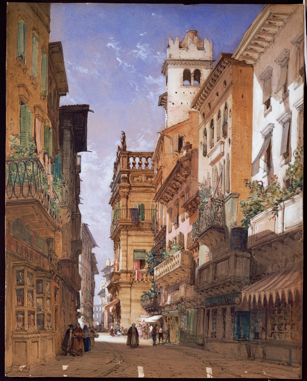 Verona: Corso Sant "Anastasia a Palazzo Maffei, 1855 od William Callow