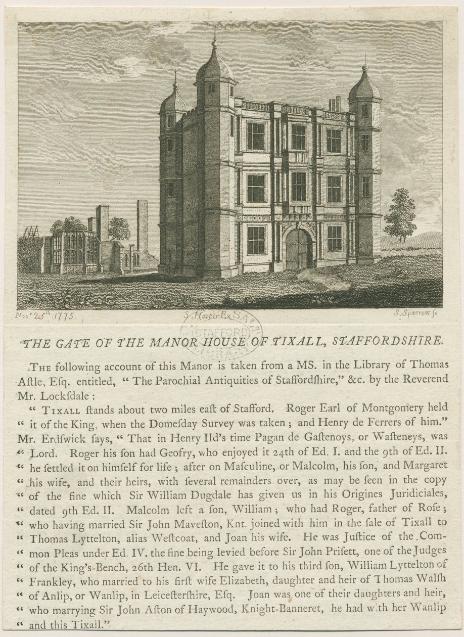 Tixall Hall - Gatehouse: rytina, nd [c 1813] (tisk) od William Carter