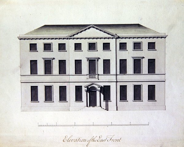 Návrh na Enville Hall ve Staffordshiru, asi 1770 (pero a tuš s šedomodrými šmouhami) od William Chambers