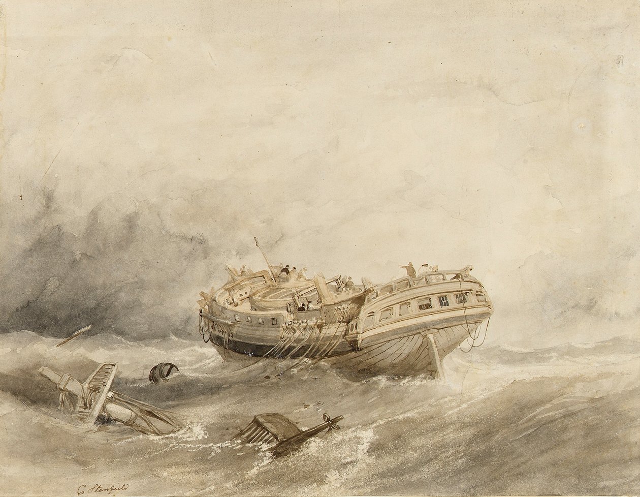 V klidu, který následuje po bouři, vykolejí obchodní loď. Akvarel (34,4x44,5 cm), Clarkson Stanfield (1793-1867) od William Clarkson Stanfield