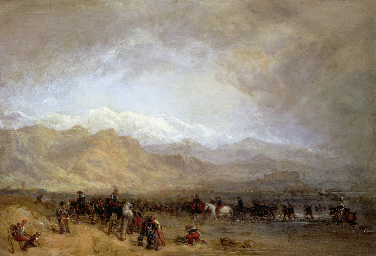 Francouzská vojska brodící Magru (olej na žíněné desce) od William Clarkson Stanfield