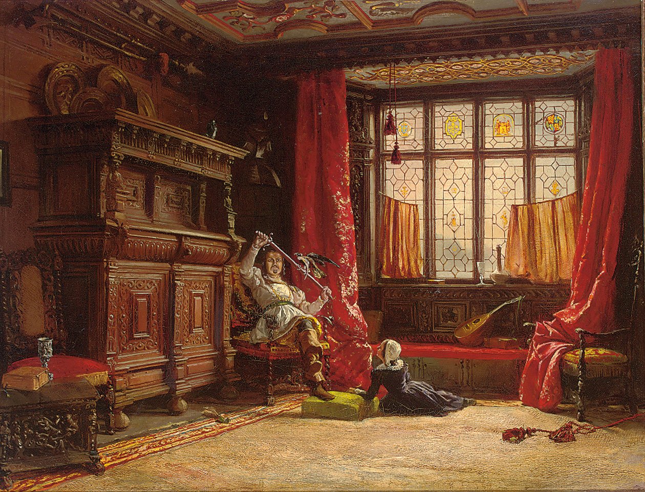 Kavalír v potemnělém interiéru, pták na meči, 1843 od William Collingwood