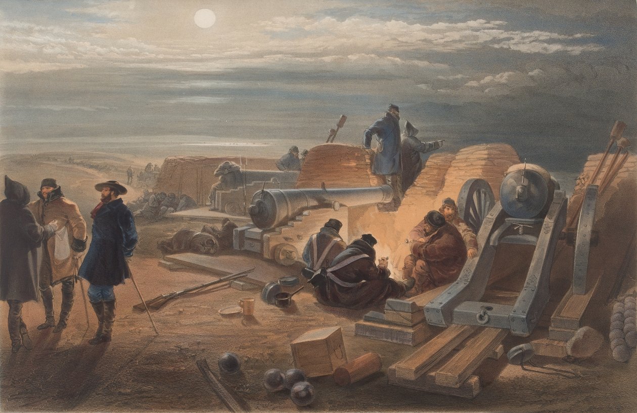 ? Tichá noc na baterie. Skica v Greenhill Battery od William Crimea Simpson
