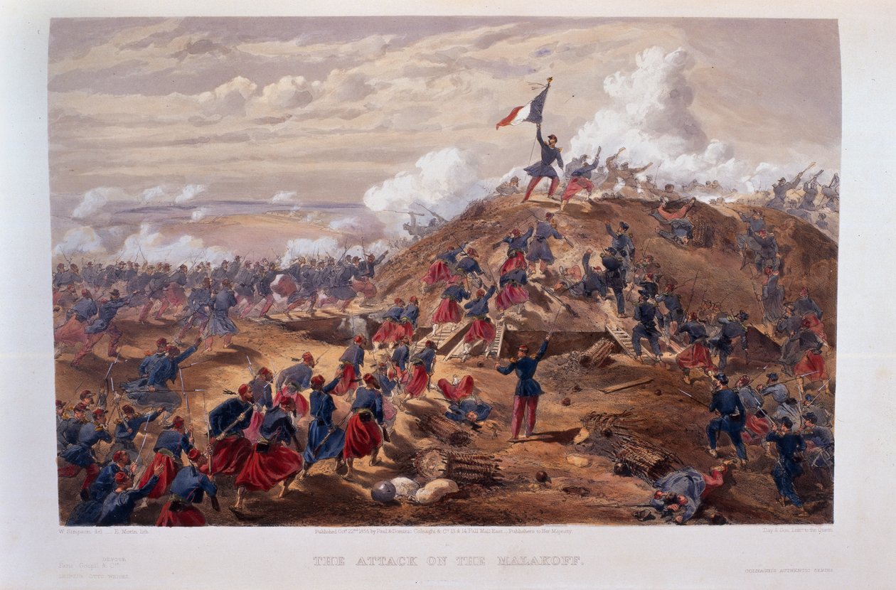 Útok na Malakoff, vyrytý Edmondem Morinem (1824-82) z „The Seat of War in the East – Second Series“, vydané nakladatelstvím Colnaghi und Co., 1855 od William Crimea Simpson