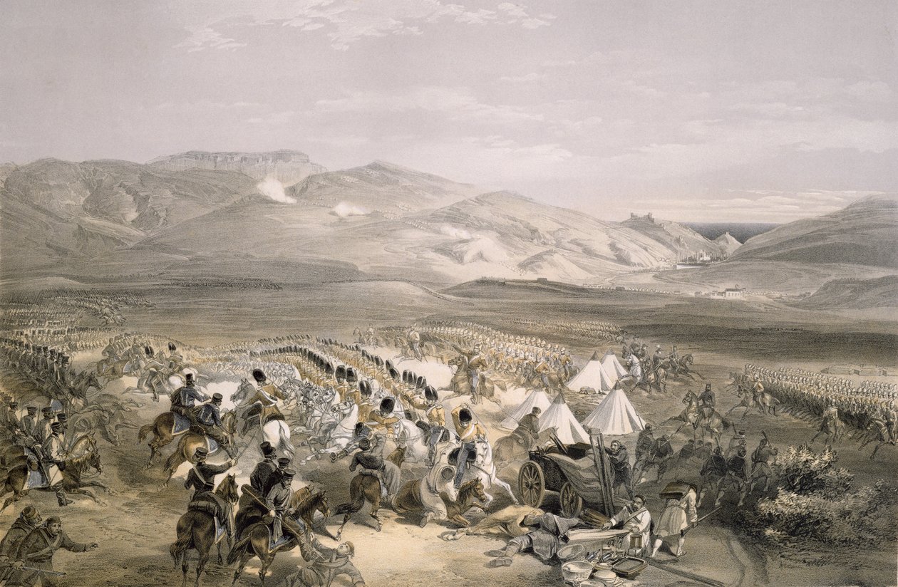 Poplatek brigády těžké jízdy v bitvě u Balaklavy 25. října 1854, ryl E. Walker, pub. 1855 od William Crimea Simpson