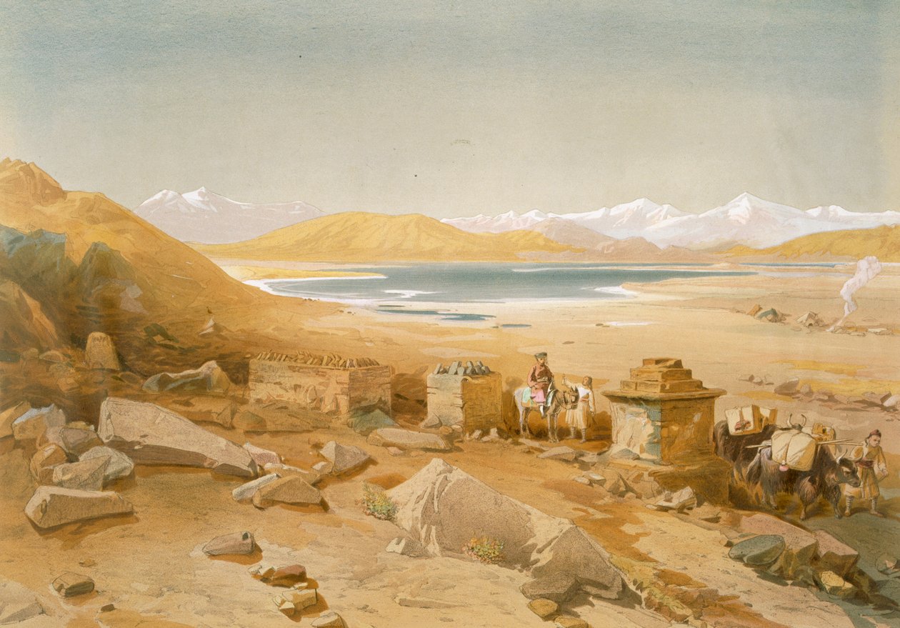 Solné jezero - Thibet, z knihy "India Ancient and Modern", 1867 od William Crimea Simpson