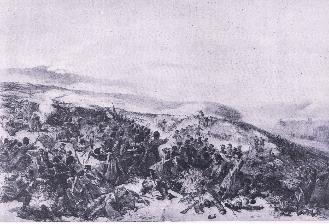 Druhý útok na gardy, když znovu dobyli dvě dělové baterie v bitvě u Inkerman, ilustrace z britských bitev na souši a na moři, 1915 od William Crimea Simpson