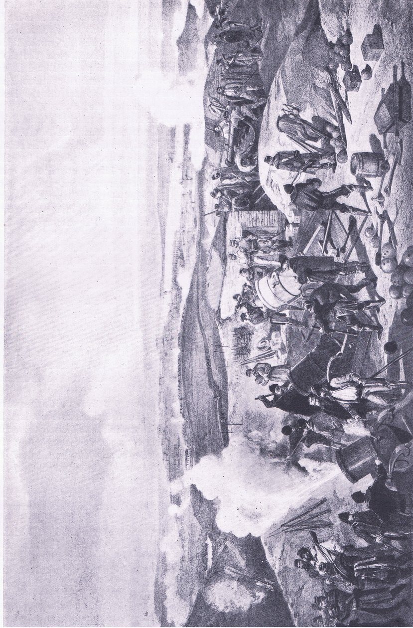 Sevastopol: Horký den na bateriích, ilustrace z britských bitev na souši a na moři, 1915 od William Crimea Simpson