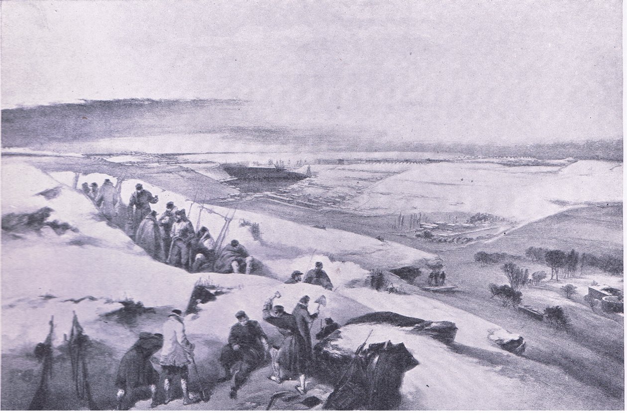 Sevastopol z baterie na krajní pravici francouzského útoku, ilustrace z britských bitev na souši a na moři, 1915 od William Crimea Simpson