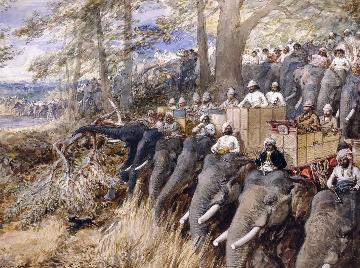 Princ z Walesu v Terai porazil džungli se sirem Jungem Bahadur Rana, 1876 od William Crimea Simpson
