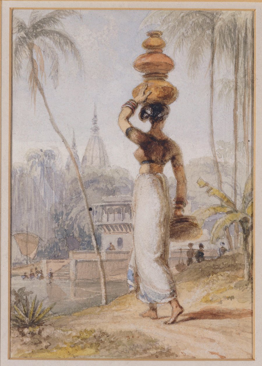 Hinduistická žena nesoucí hrnec na vodu (tužka a akvarel) od William Daniell
