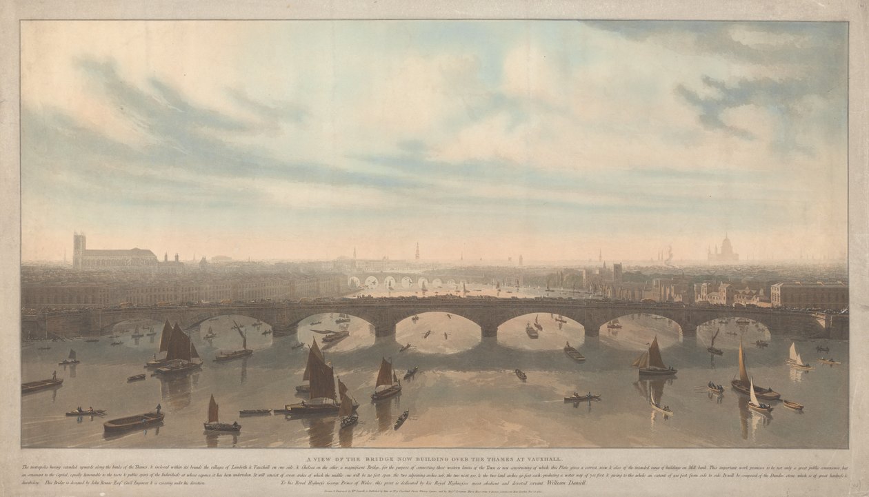 Pohled na most budovaný přes Temži ve Vauxhallu od William Daniell