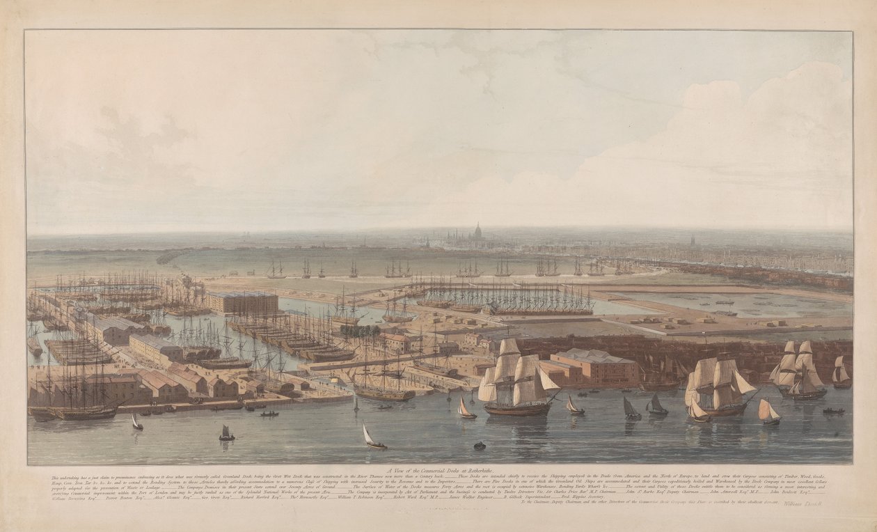 Pohled na obchodní přístaviště v Rotherhithe od William Daniell