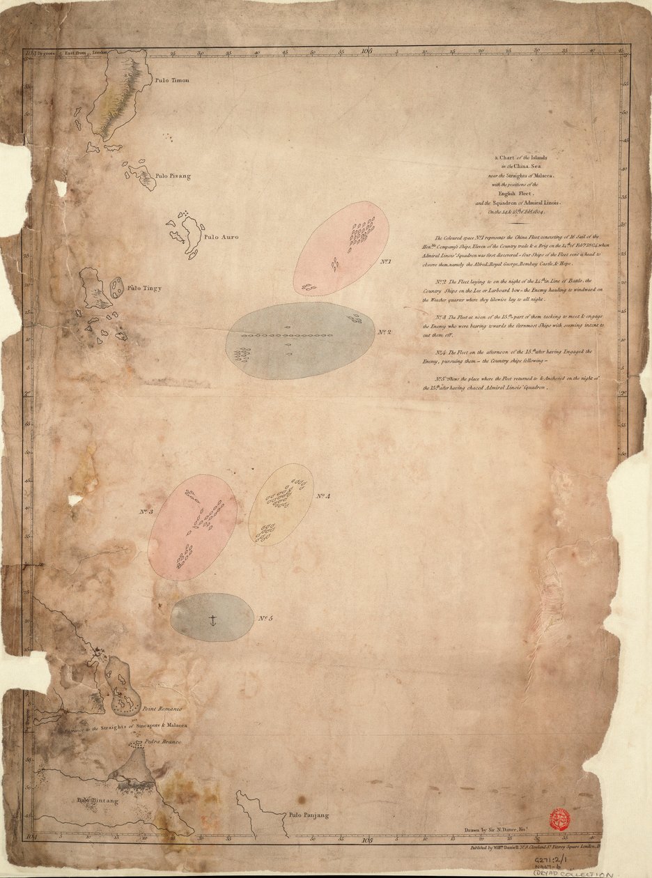 "Mapa ostrovů v Čínském moři poblíž Malackého průlivu s vyznačením postavení anglického loďstva a eskadry admirála Linoise 14. a 15. února 1804". od William Daniell