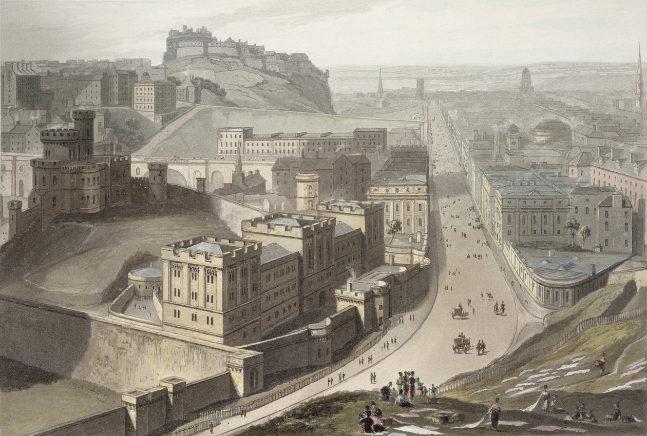 Edinburgh, z Calton Hill, z „Cesta kolem Velké Británie uskutečněná mezi lety 1814 a 1825“, publikovaná v roce 1829 od William Daniell