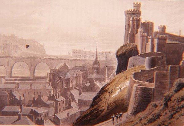 Edinburgh s částí severního mostu a hradu, z Daniell