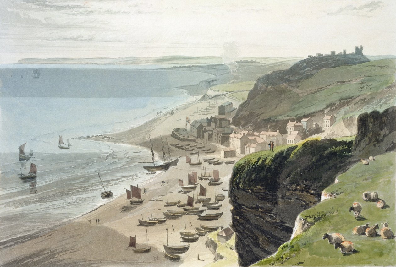 Hastings, z East Cliff, z „Cesta kolem Velké Británie uskutečněná mezi lety 1814 a 1825“, publikovaná v roce 1823 od William Daniell