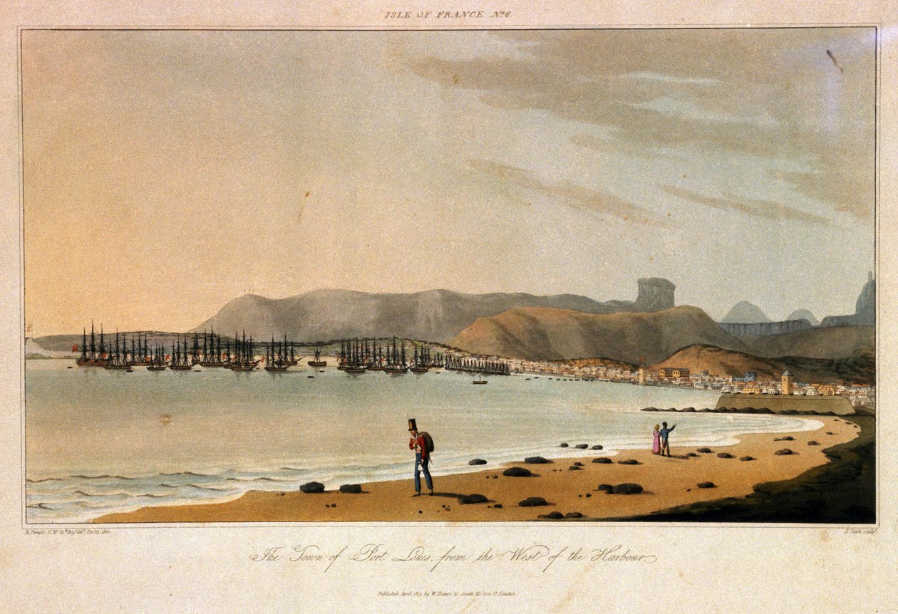 Ile de France (Mauricius), pohled na město Port Louis ze západní strany přístavu. Barevný lept od William Daniell