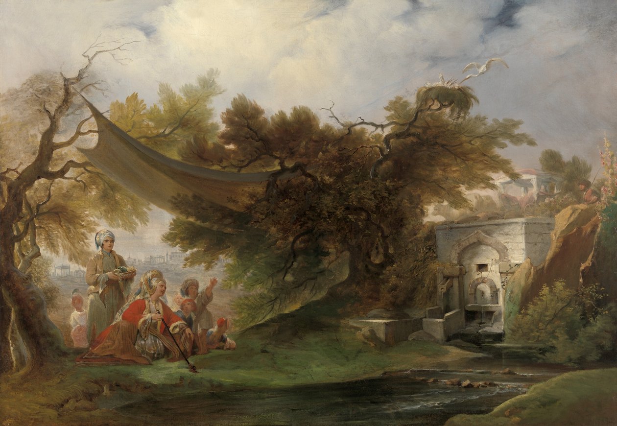 Indická krajina s postavami poblíž potoka (olej na plátně) od William Daniell