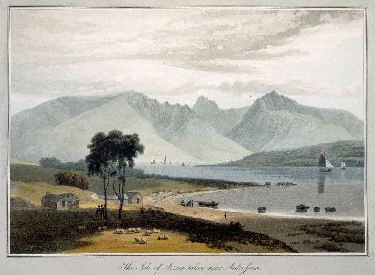 Isle of Arran viděný z Ardrossanu, z „Cesta kolem Velké Británie uskutečněná mezi lety 1814 a 1825“ publikovaná v Londýně, 1817 (ručně kolorovaná rytina) od William Daniell
