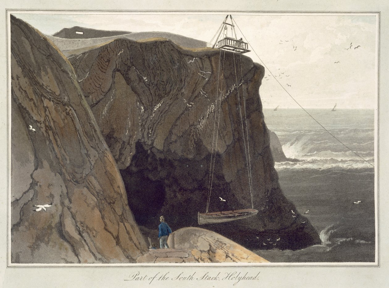 Spouštění člunu z plošiny v Holyheadu z „Cesta kolem Velké Británie uskutečněná mezi lety 1814 a 1825“ zveřejněná v roce 1829 od William Daniell