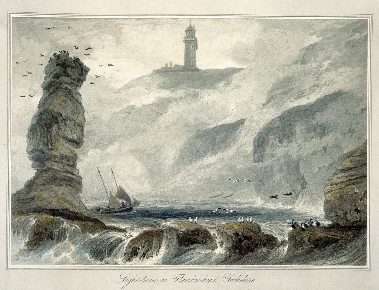 Maják na Flamborough Head, ze svazku VI „Cesta kolem Velké Británie uskutečněná mezi lety 1814 a 1825“, publikovaná v roce 1822 od William Daniell