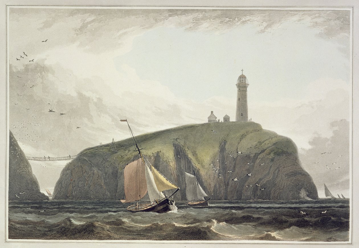 Maják na jižním komíně, Holyhead, z „Cesta kolem Velké Británie uskutečněná mezi lety 1814 a 1825“, publikovaná v roce 1815 od William Daniell