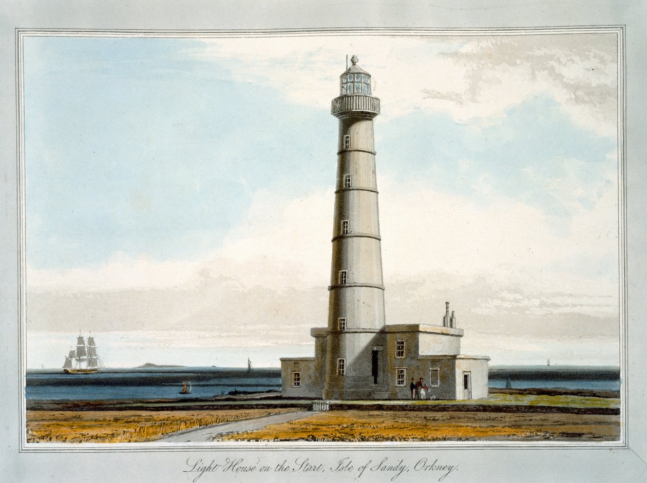 „Maják na startu, Isle of Sandy, Orkneje“, 1821 od William Daniell