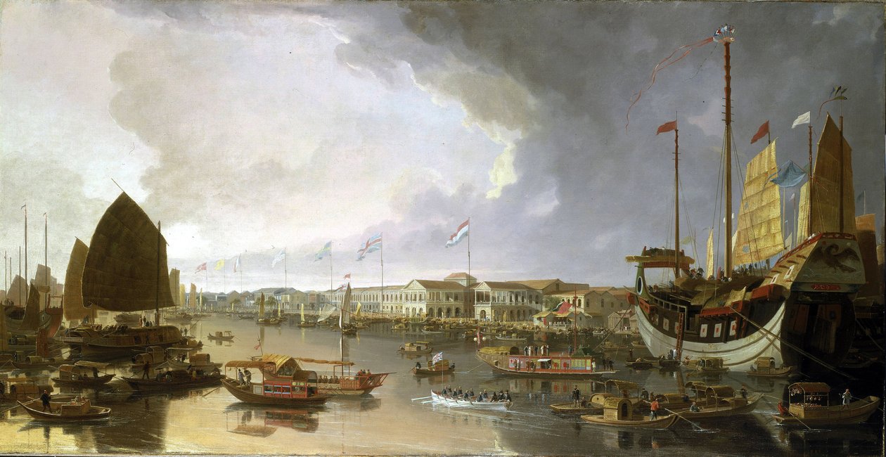 Přehled evropských továren v Kantonu (Čína) s popisem plavby po řece Guangdong (nebo Perlové řece) a nejrůznějších lodí. od William Daniell