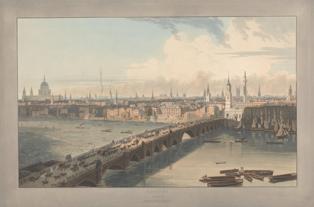 Tabulka III: Londýn, London Bridge (z díla Williama Daniella „Šest pohledů na Londýn“; pohled od Temže) od William Daniell